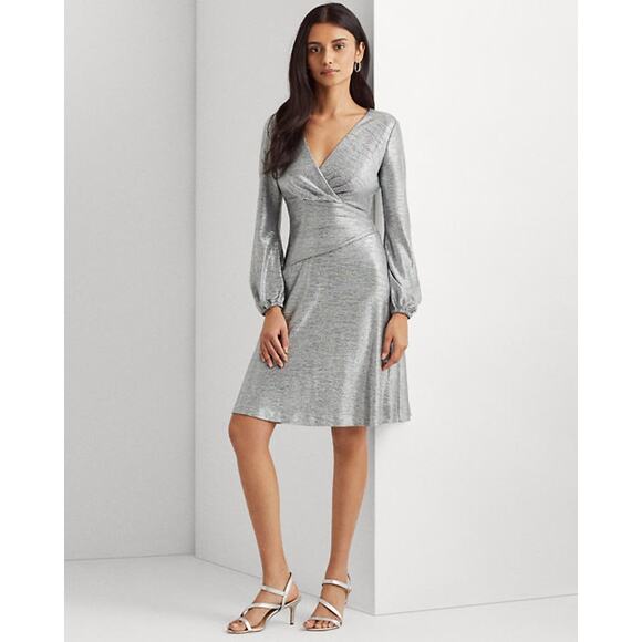 Lauren Ralph Lauren Silver Metallic Long Sleeve Surplice Dress Size 10 - Picture 1 of 11